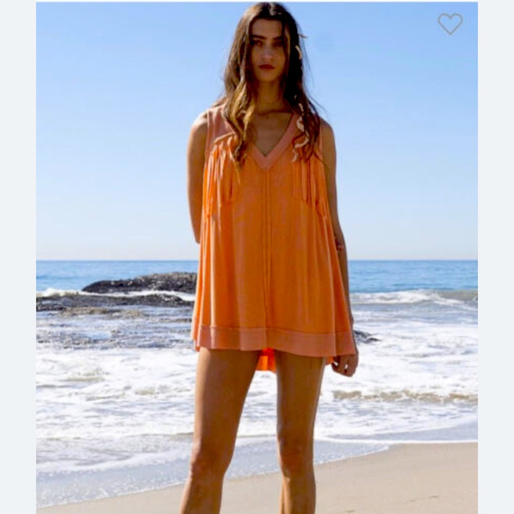 POL Fringe Detail V-Neck Sleeveless Orange Top M